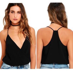 Lulu’s Well Dressed Black Draped Bodysuit Size S